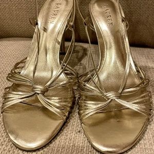 Ralph Lauren Gold Knotted Strappy Sling Back Sandal Heels Size 11, 4” Heels